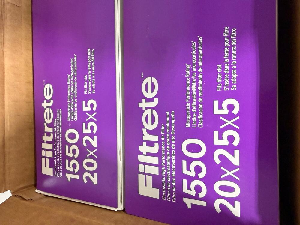 2-pack 3M Filtrete 1550 MPR electrostatic air filters in size 20x25x5 inches